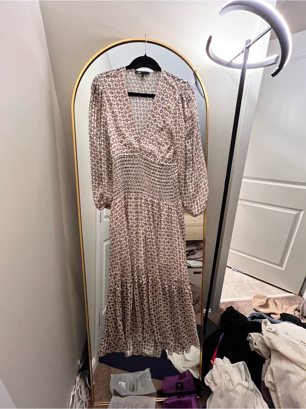 Maje Long Floral Midi Dress in Blush Pink
